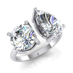 Toi et Moi Two Stone Round & Pear Diamond Ring 4 Carats White Gold 14K