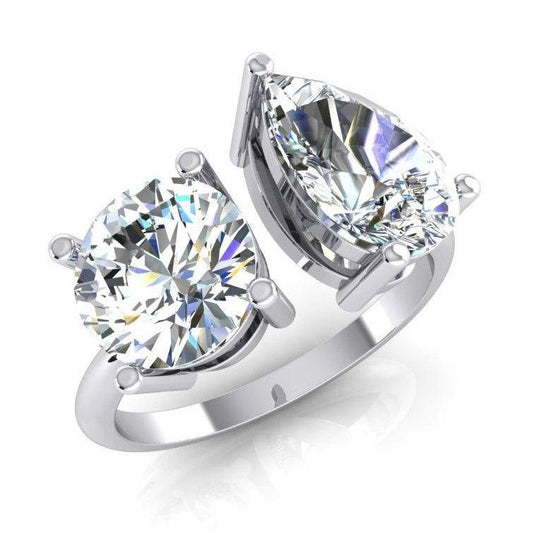 Toi et Moi Two Stone Round & Pear Diamond Ring 4 Carats White Gold 14K - Engagement Ring-harrychadent.ca