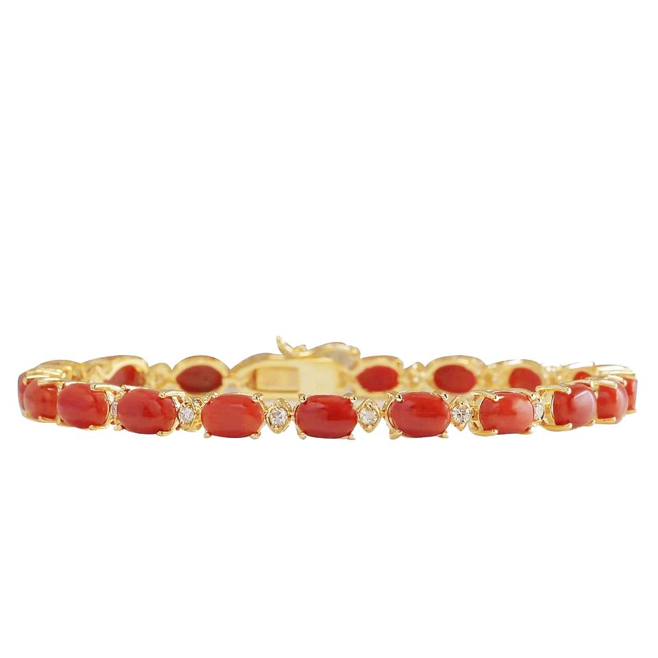 19 Ct Natural Coral With Diamonds Lady Bracelet Gold Yellow 14K - Gemstone Bracelet-harrychadent.ca