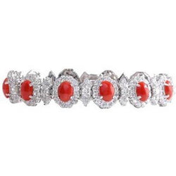 23.25 Ct Red Coral And Diamonds Ladies Bracelet White Gold 14K