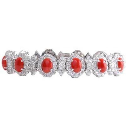 23.25 Ct Red Coral And Diamonds Ladies Bracelet White Gold 14K - Gemstone Bracelet-harrychadent.ca