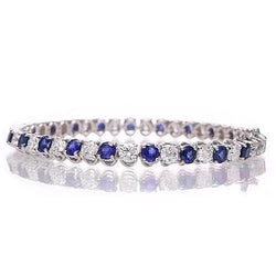 Blue Sapphire & Natural Earth Mined Diamond Tennis Bracelet 8.40 Carats White Gold 14K