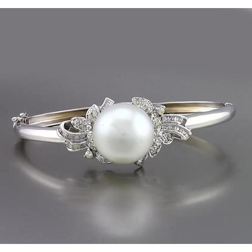 Pearl And Diamond Bangle 20 Mm 3 Carats Baguette Round White Gold 14K - Gemstone Bracelet-harrychadent.ca