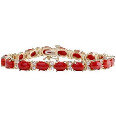 Red Coral And Diamonds 15 Ct Bracelet Yellow Gold 14K - Gemstone Bracelet-harrychadent.ca