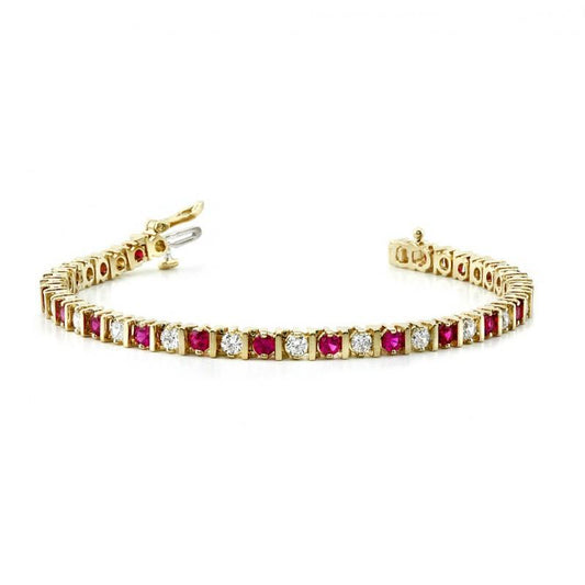 Sparkling Round Diamond & Ruby Tennis Bracelet 8 Carat Yellow Gold 14K - Gemstone Bracelet-harrychadent.ca