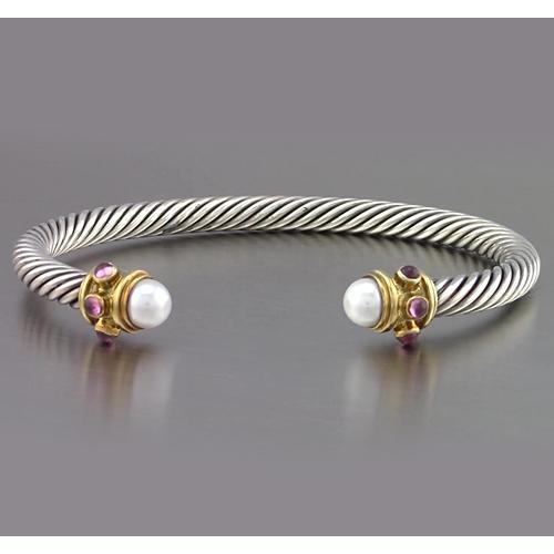 Two Tone Gold 14K Pearl & Pink Sapphire Bracelet 0.30 Carats Jewelry - Gemstone Bracelet-harrychadent.ca