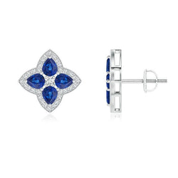 3.50 Ct Pear Sri Lanka Sapphire Round Natural Earth Mined Diamond Stud Earring Gold