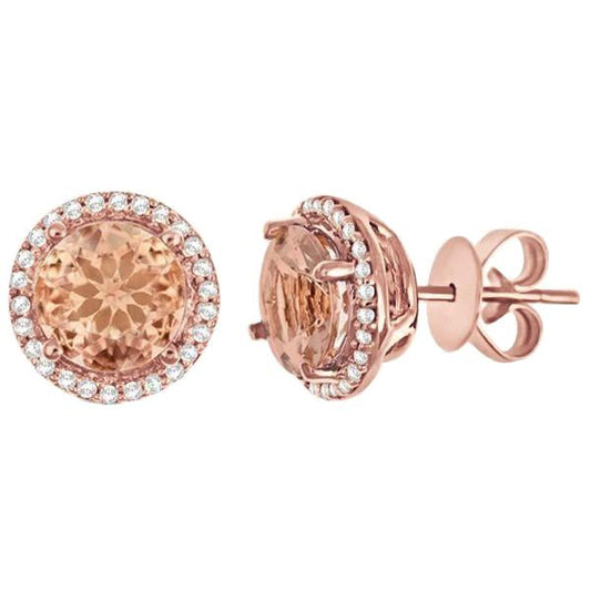 12.02 Carats Morganite With Diamonds Stud Earrings Rose Gold 14K - Gemstone Earring-harrychadent.ca