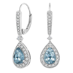 13.50 Carats Aquamarine With Natural Earth Mined Diamonds Dangle Earrings Gold White 14K