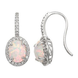 13 Ct Prong Set Opal And Natural Earth Mined Diamonds Dangle Earrings White Gold 14K
