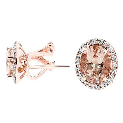 14.70 Ct. Oval Morganite With Diamonds Studs Earrings Rose Gold 14K - Gemstone Earring-harrychadent.ca