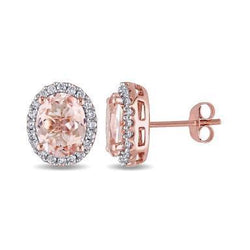 14.98 Ct Oval Morganite With Round Natural Earth Mined Diamonds Studs Earrings Gold 14K