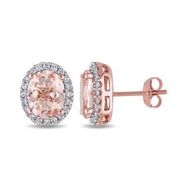 14.98 Ct Oval Morganite With Round Diamonds Studs Earrings Gold 14K - Gemstone Earring-harrychadent.ca