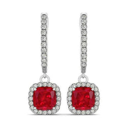 14K White Gold 6.60 Ct Ruby And Natural Earth Mined Diamonds Dangle Earrings
