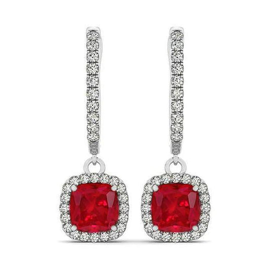 14K White Gold 6.60 Ct Ruby And Diamonds Dangle Earrings - Gemstone Earring-harrychadent.ca