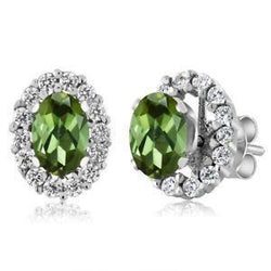 14K White Gold Lady Stud Earrings 10 Carats Tourmaline And Natural Earth Mined Diamond