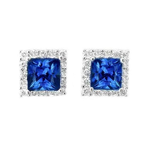 14K White Gold Princess Cut Blue Sapphire Diamond Stud Earring 2.40 Ct - Gemstone Earring-harrychadent.ca