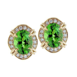 15.30 Carats Oval Green Tourmaline Natural Earth Mined Diamond Stud Earring 14K Yellow Gold