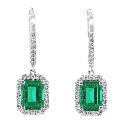 15.50 Ct. Emerald Shaped Green Emerald Diamond Dangle Earring Wg 14K - Gemstone Earring-harrychadent.ca