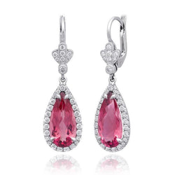 16 Carats Pink Tourmaline With Natural Earth Mined Diamonds Dangle Earrings 14K Gold