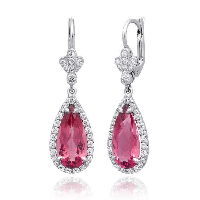 16 Carats Pink Tourmaline With Diamonds Dangle Earrings 14K Gold - Gemstone Earring-harrychadent.ca