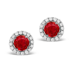 2.40 Ct Round Cut Red Ruby And Halo Natural Earth Mined Diamond Stud Earring