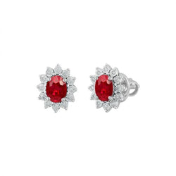 2.50 Carats Oval Cut Ruby Natural Earth Mined Diamond Halo Stud Earring 14K White Gold