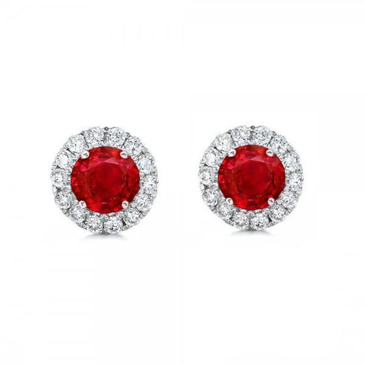 2.50 Carats Round Red Ruby Halo Diamond Stud Earring White Gold 14K - Gemstone Earring-harrychadent.ca