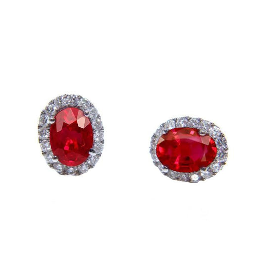 2.50 Ct Red Oval Cut Ruby & Diamond Stud Halo Earring White Gold 14K - Gemstone Earring-harrychadent.ca