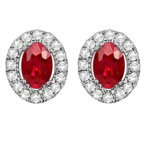 2.60 Carats Red Ruby And Diamond Halo Stud Earring White Fine Gold 14K - Gemstone Earring-harrychadent.ca