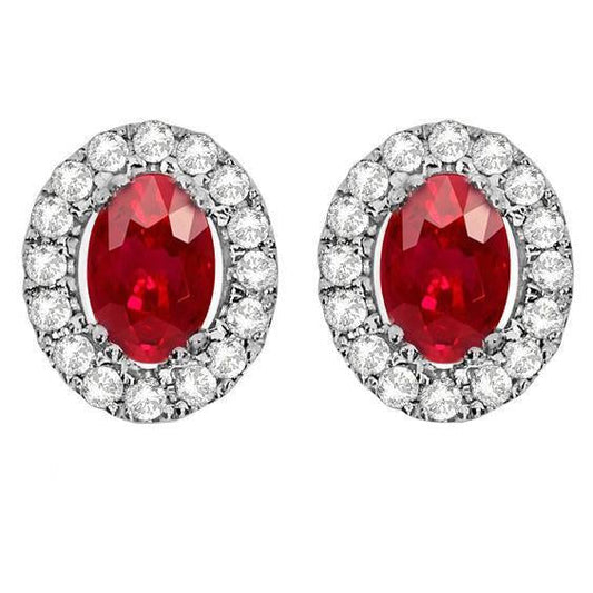2.60 Carats Red Ruby And Diamond Halo Stud Earring White Fine Gold 14K - Gemstone Earring-harrychadent.ca