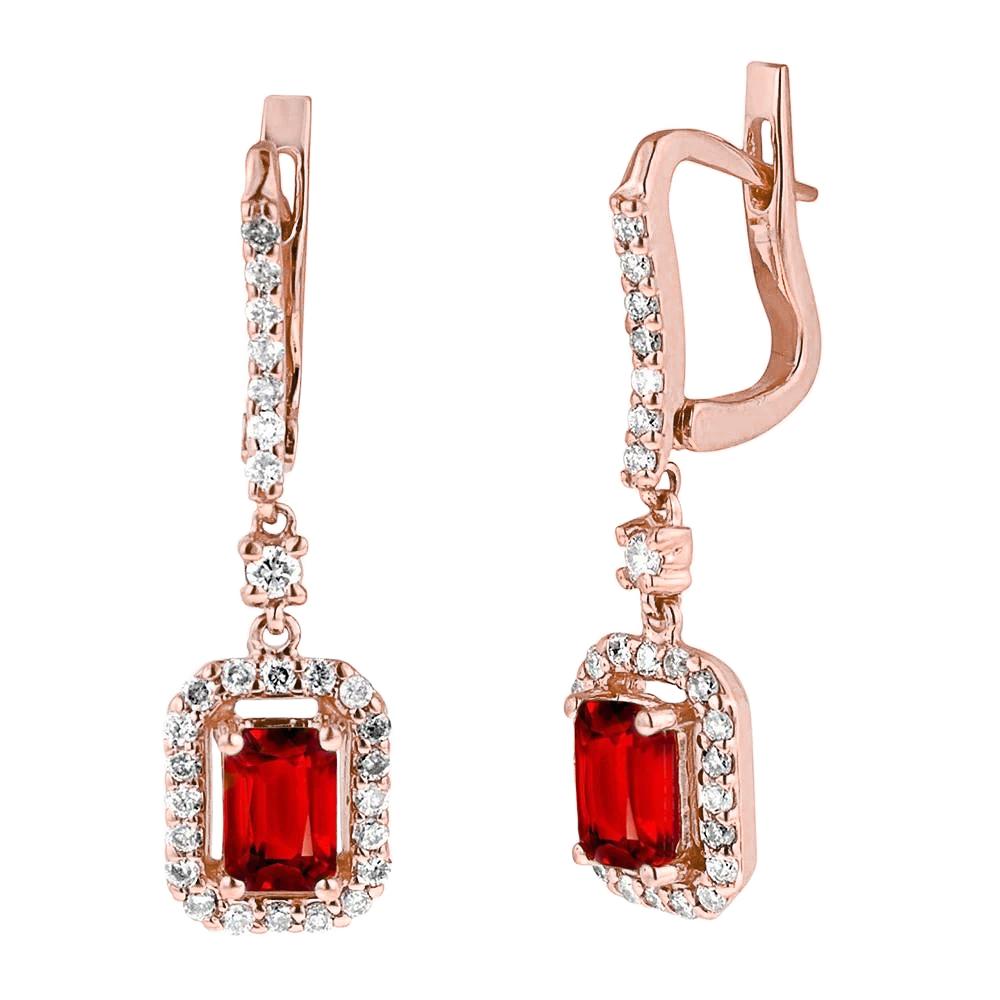2.70 Ct Emerald Cut Red Ruby And Diamond Dangle Earring Rose Gold - Gemstone Earring-harrychadent.ca