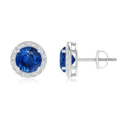 2.90 Carats Blue Sapphire Round Diamond Stud Earrings White Gold 14K