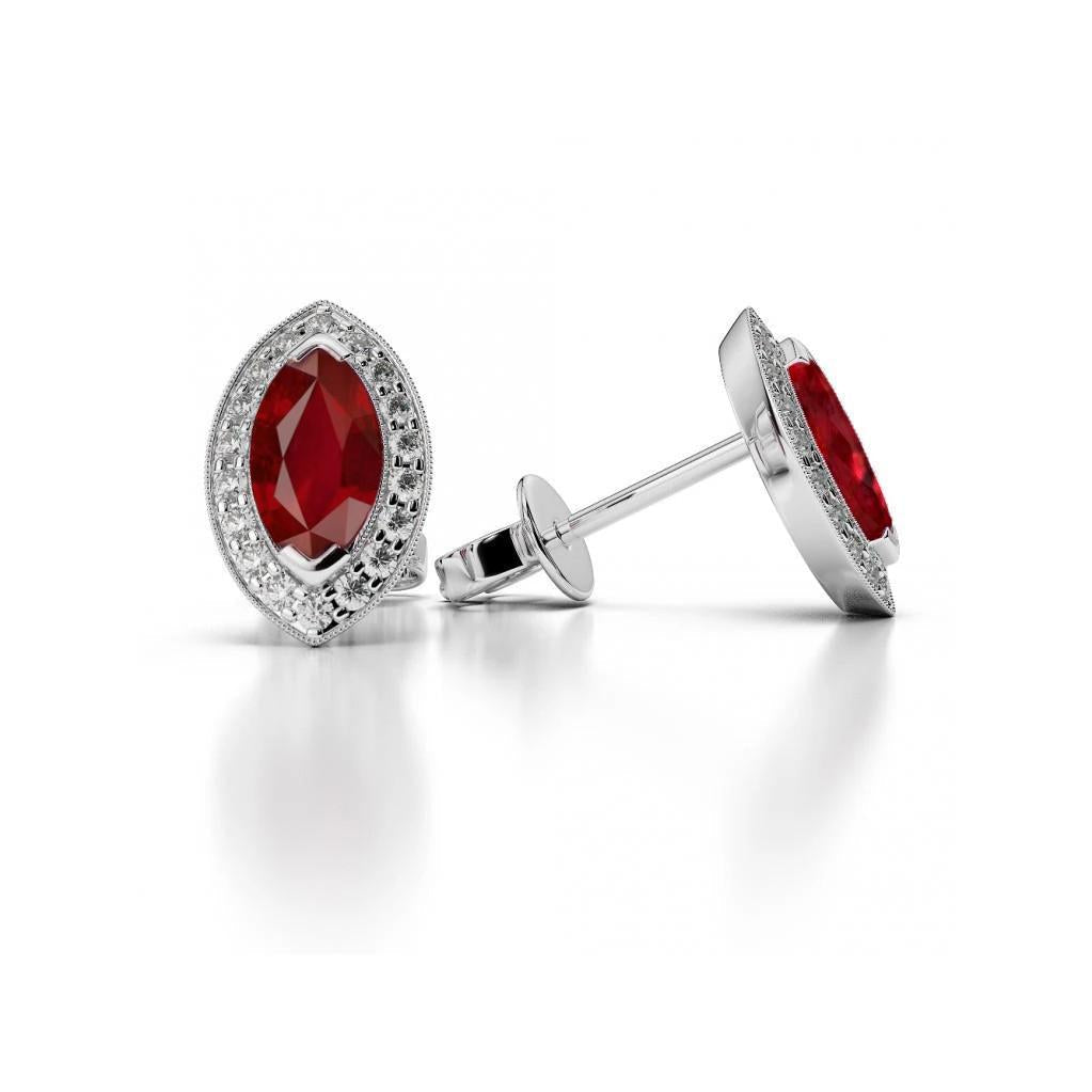 2.90 Carats Marquise Cut Ruby And Diamond Ladies Halo Stud Earrings - Gemstone Earring-harrychadent.ca