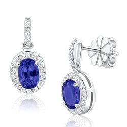 2.96 Ct Ceylon Sapphire With Natural Earth Mined Diamond Dangle Earring White Gold 14K