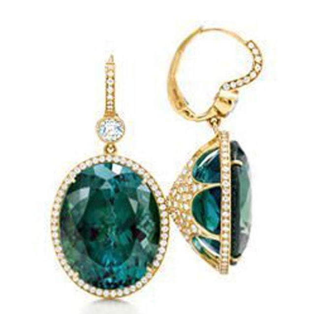 27 Ct Green Tourmaline With Diamond Dangle Earring 14K Yellow Gold - Gemstone Earring-harrychadent.ca