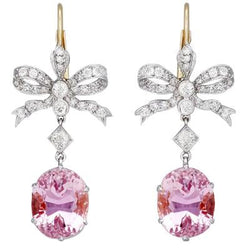29.40 Ct Pink Kunzite With Natural Earth Mined Diamonds Dangle Earrings Two Tone Gold