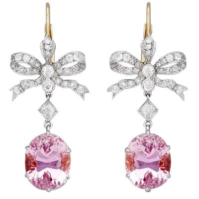 29.40 Ct Pink Kunzite With Diamonds Dangle Earrings Two Tone Gold - Gemstone Earring-harrychadent.ca