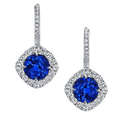 3.20 Ct Round Ceylon Sapphire And Natural Earth Mined Diamond Dangle Earring
