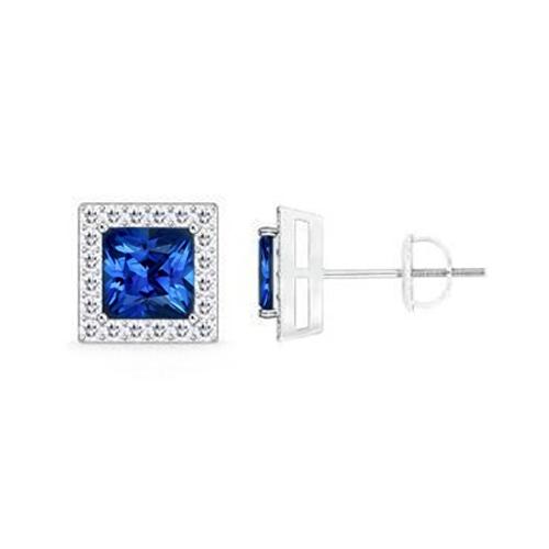 3.30 Carats Princess Sri Lanka Blue Sapphire Diamond Stud Earring - Gemstone Earring-harrychadent.ca