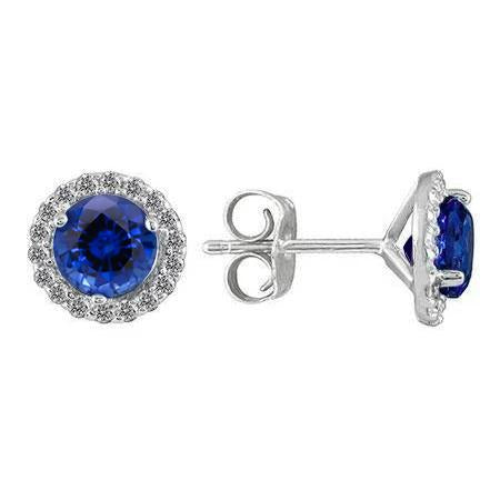 3.36 Carats Blue Sapphire Halo Diamond Stud Earrings White Gold 14K - Gemstone Earring-harrychadent.ca