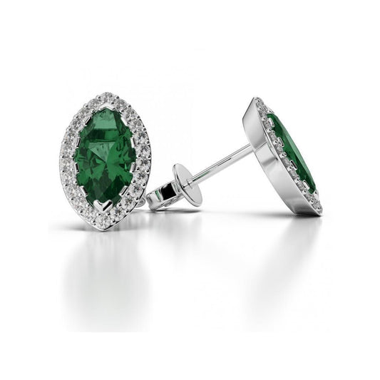 3.44 Ct Green Emerald With Diamond Stud Halo Earring 14K White Gold - Gemstone Earring-harrychadent.ca