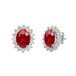 3.50 Carats Oval Red Ruby & Natural Earth Mined Diamond Stud Halo Earrings White Gold 14K
