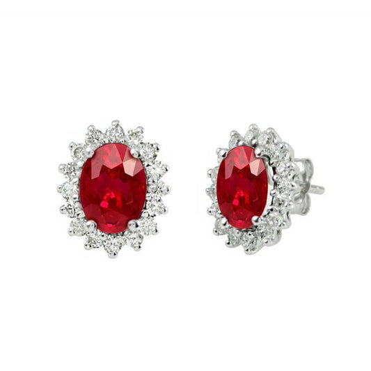 3.50 Carats Oval Red Ruby & Diamond Stud Halo Earrings White Gold 14K - Gemstone Earring-harrychadent.ca