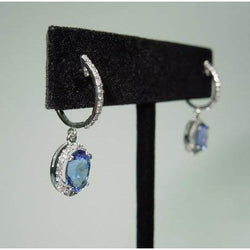 3.64 Ct Oval Ceylon Sapphire & Round Natural Earth Mined Diamonds Dangle Hoop Earrings