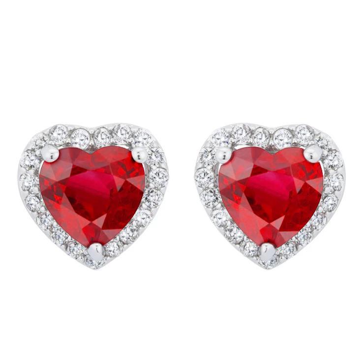 3 Carats Heart Shaped Ruby Diamond Halo Stud Earring White Gold 14K - Gemstone Earring-harrychadent.ca