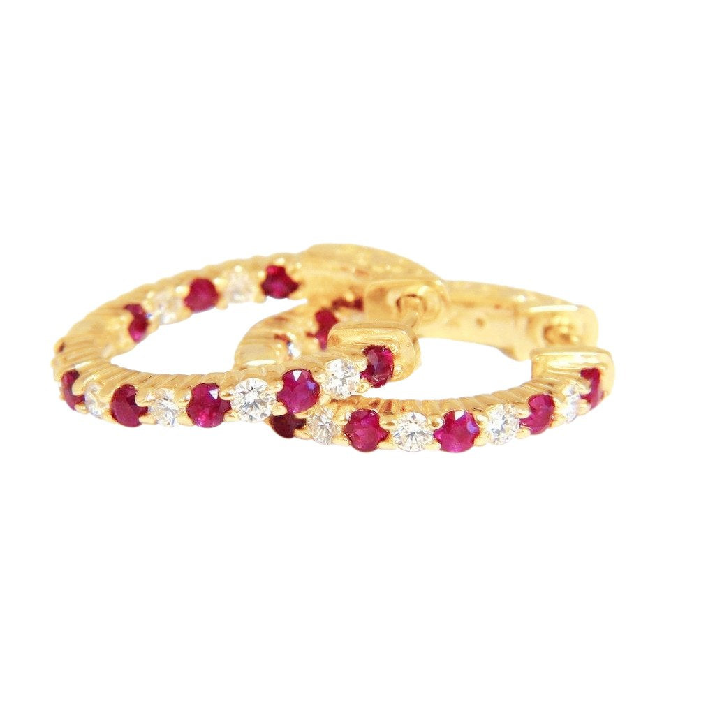 3 Carats Round Cut Ruby Diamond Hoop Earrings 14K Yellow Gold - Gemstone Earring-harrychadent.ca