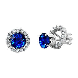 3 Carats Round Sapphire Halo Diamond Stud Earring White Gold 14K