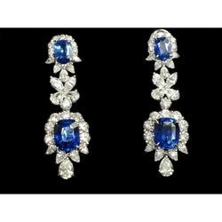 30 Carat Ceylon Sapphire & Natural Earth Mined Diamonds Dangle Pair Earrings