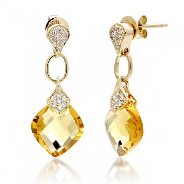 37.70 Ct Cushion Citrine With Diamonds Dangle Earrings Yellow Gold - Gemstone Earring-harrychadent.ca